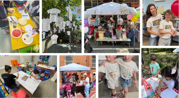 Kids drawing and painting at pixyit pop-ups, and proudly wearing T-shirts printed with their own art